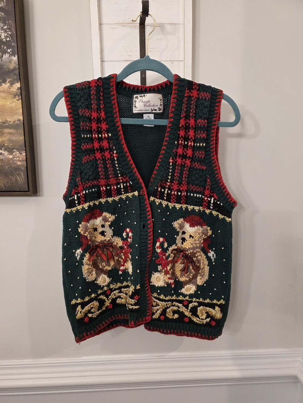 VTG Carolina Colours Christmas Bear Jingle Bell Sweater Vest Size Medium 90s